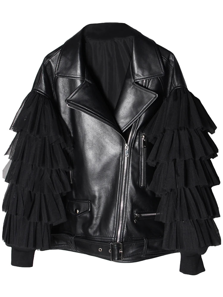 Faux Leather Ruffle Sleeve Jacket Festigal