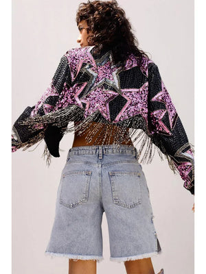 Star Pattern and Tasselled Cropped Jacket - Festigal