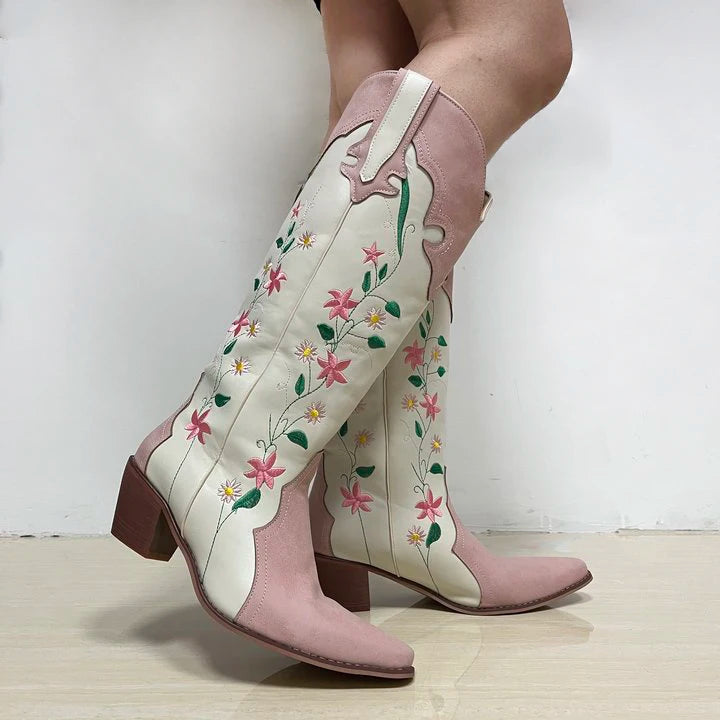 Floral knee high fashion boots