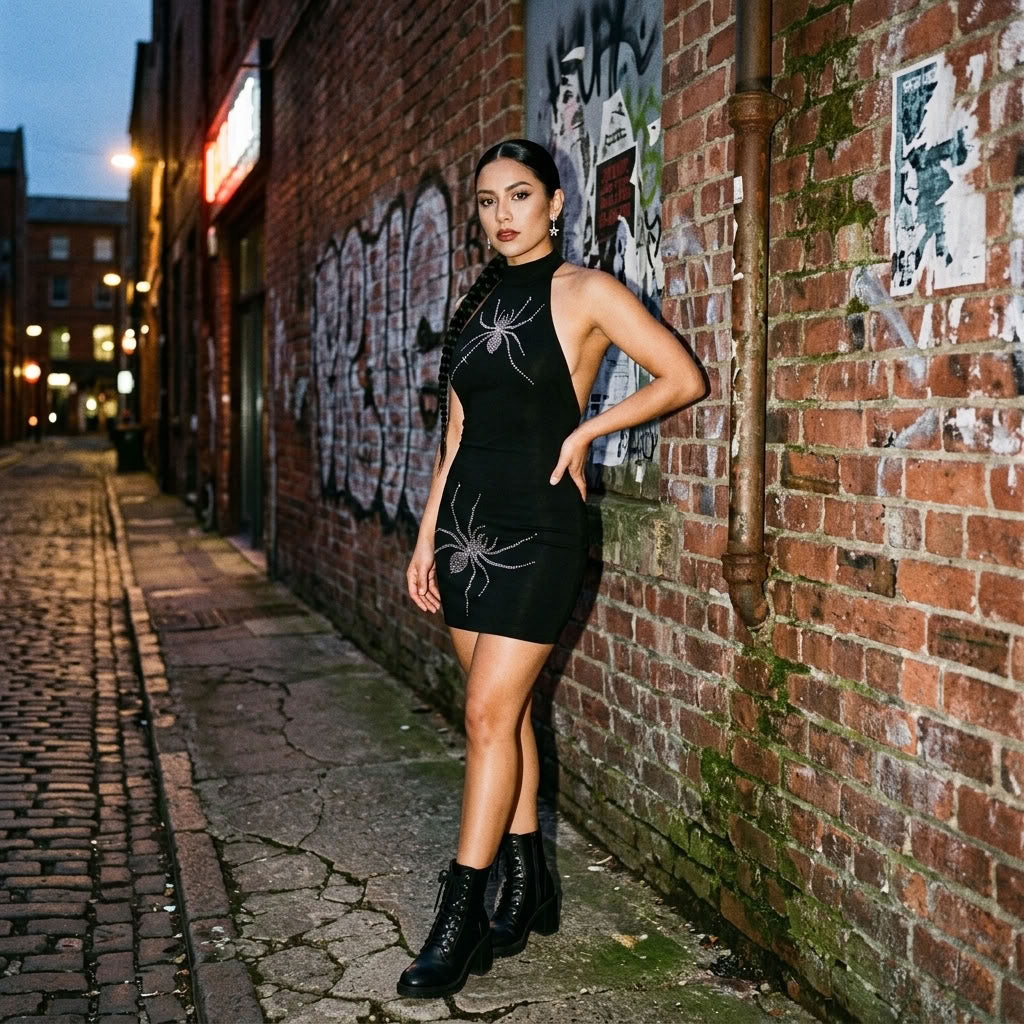 Rhinestone Spider Halter Neck Bodycon Dress