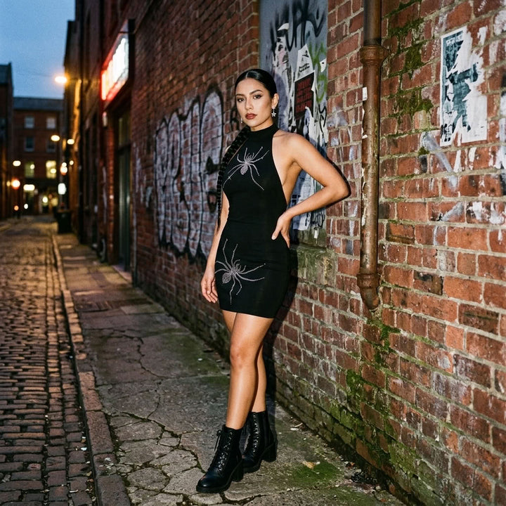 Rhinestone Spider Halter Neck Bodycon Dress