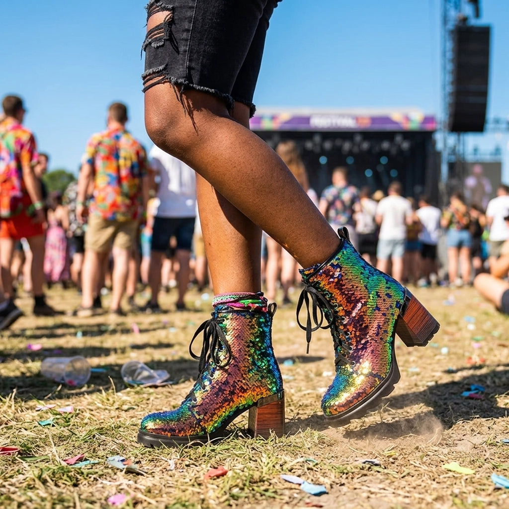 Sequin Heeled Combat Boots