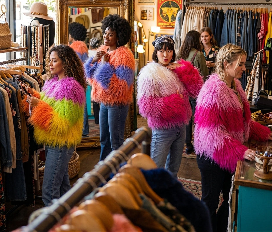 Rainbow Striped Shaggy Faux Fur Coat