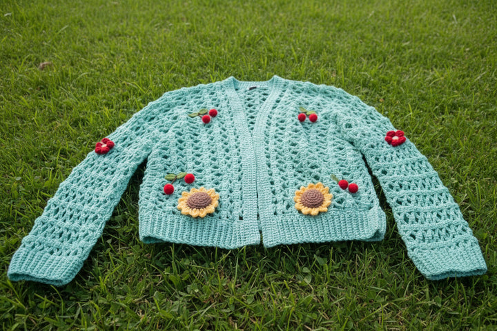 Handmade Crochet Sunflower & Cherry Cardigan 🌻🍒