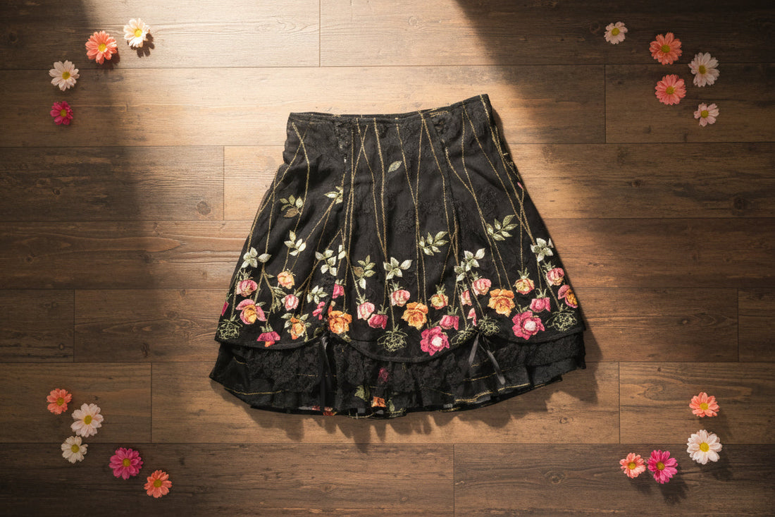 Black Floral Tie-Up Midi Skirt 🖤✨