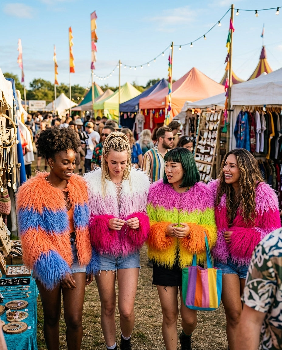 Rainbow Striped Shaggy Faux Fur Coat