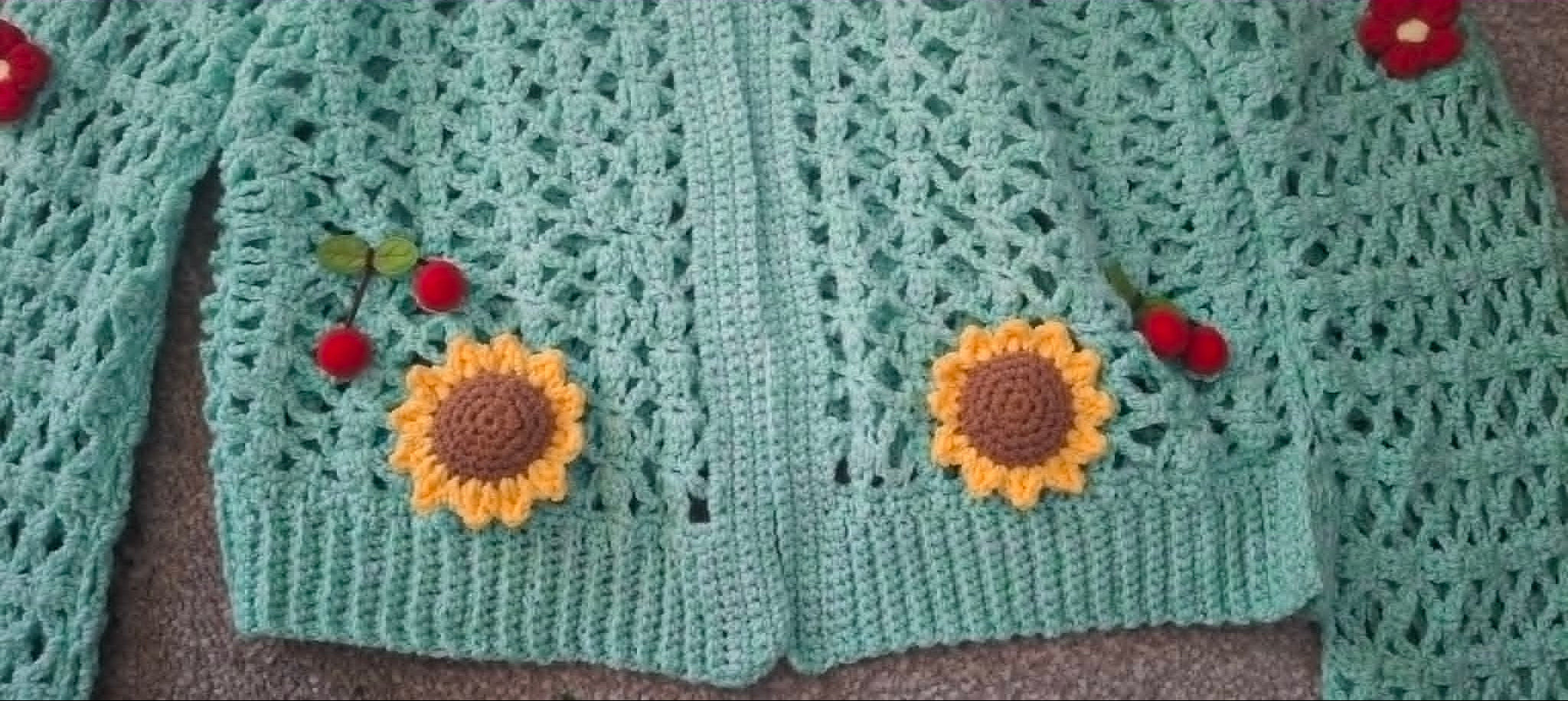 Handmade Crochet Sunflower & Cherry Cardigan 🌻🍒
