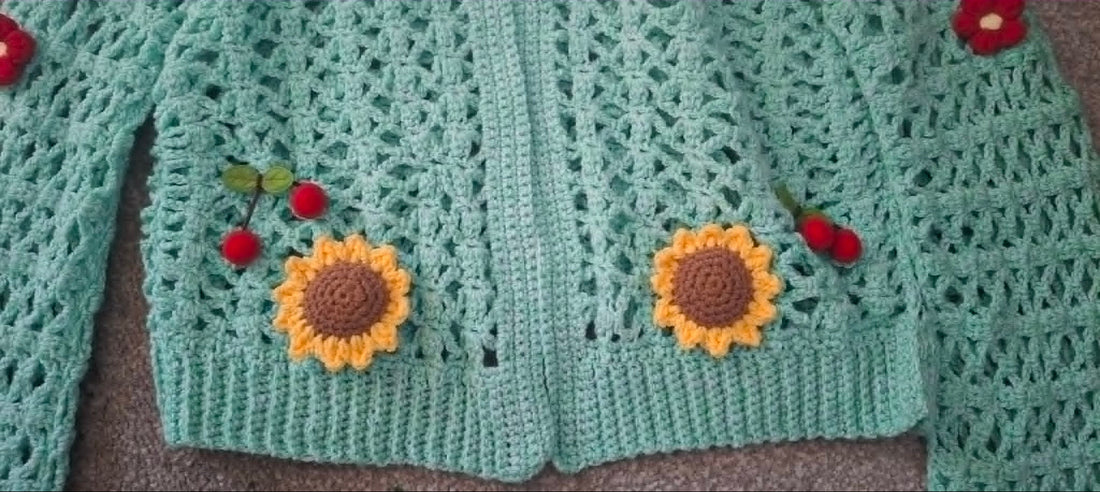 Handmade Crochet Sunflower & Cherry Cardigan 🌻🍒