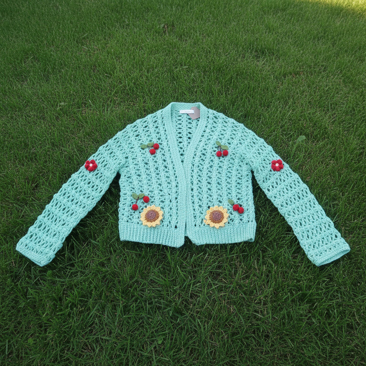 Handmade Crochet Sunflower & Cherry Cardigan 🌻🍒