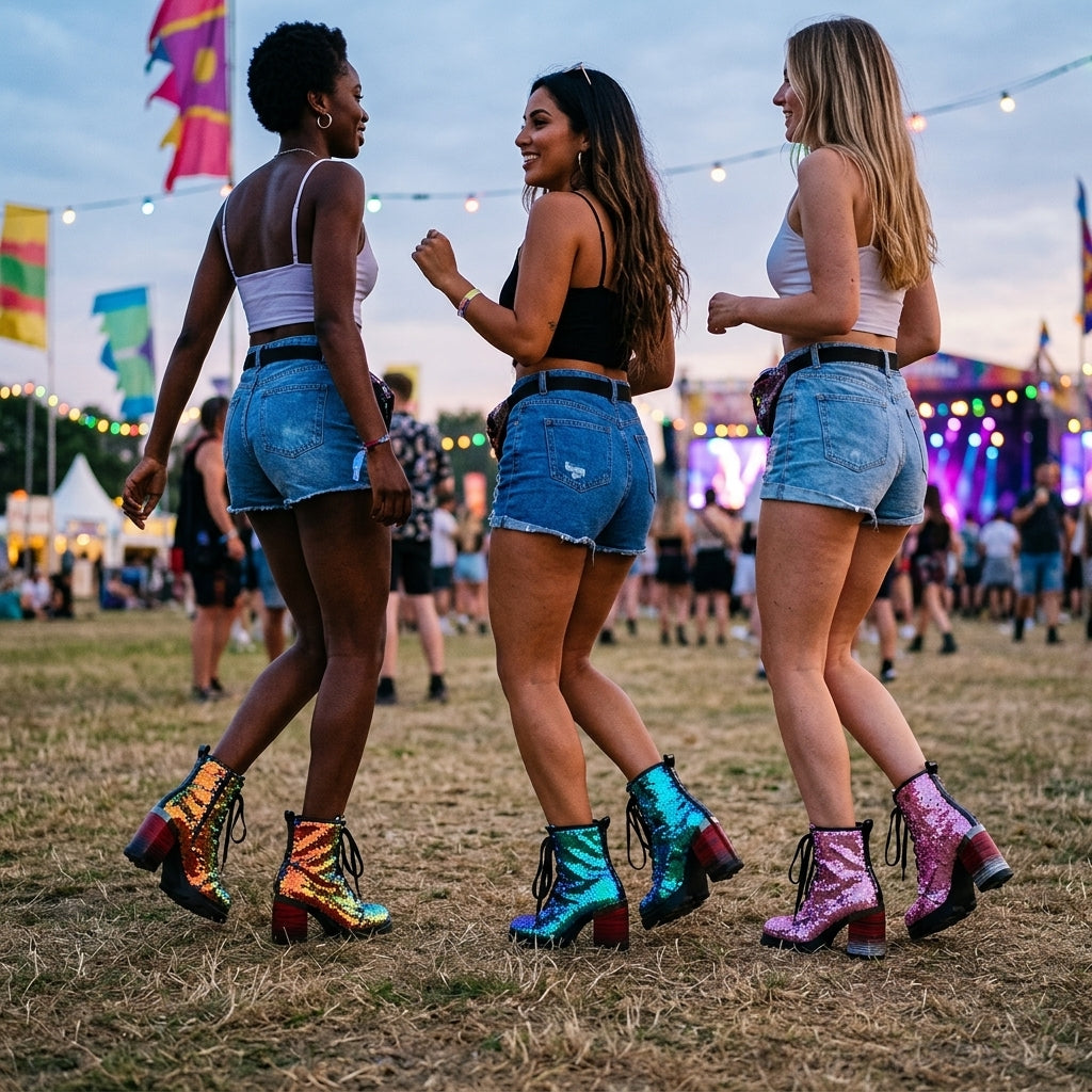 Sequin Heeled Combat Boots
