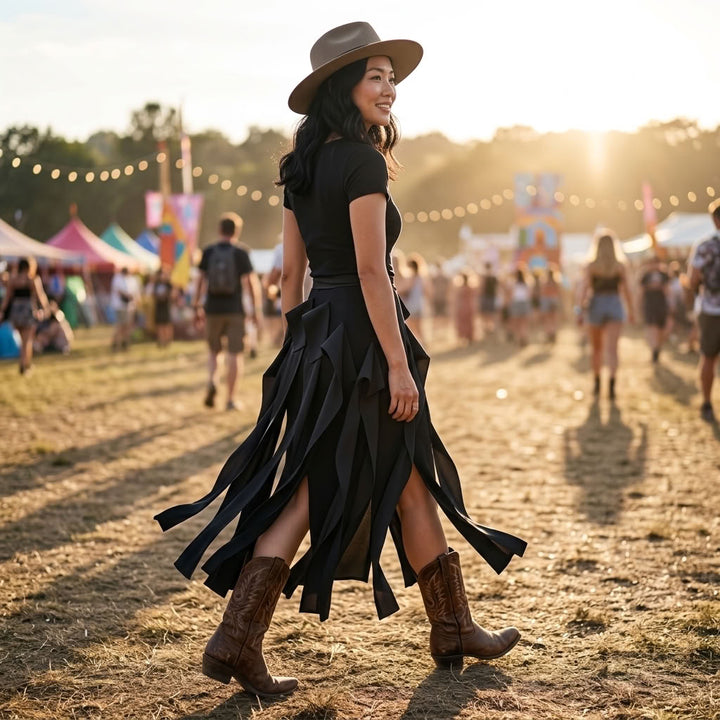 Tie Waist Pleated Fringe Maxi Dress