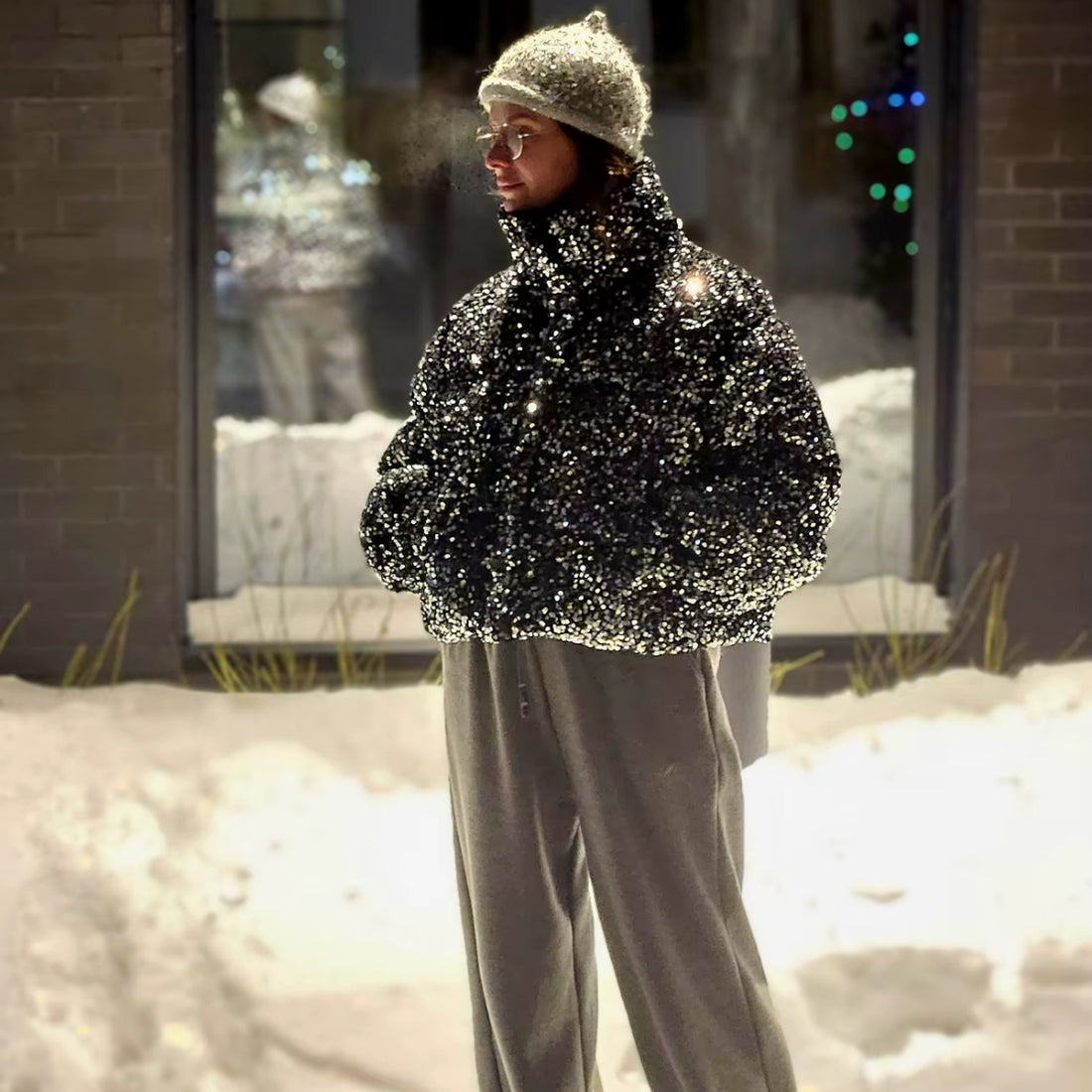 Sequin Puffer Bomber Jacket