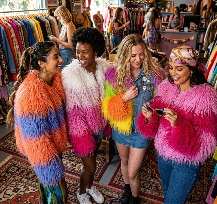 Rainbow Striped Shaggy Faux Fur Coat