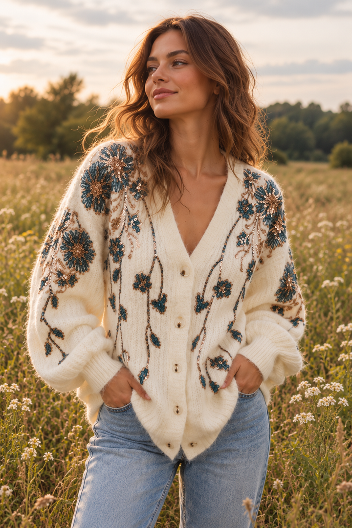 Cream Sequin Floral Embellished Oversized Knit Cardigan