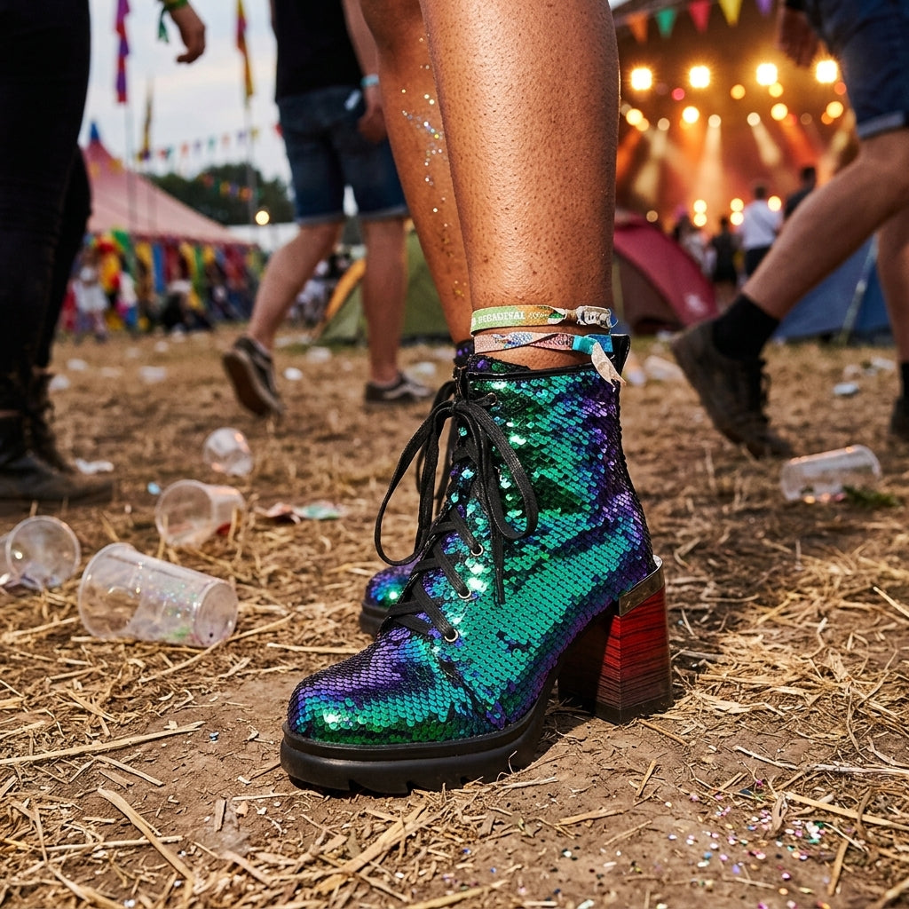Sequin Heeled Combat Boots