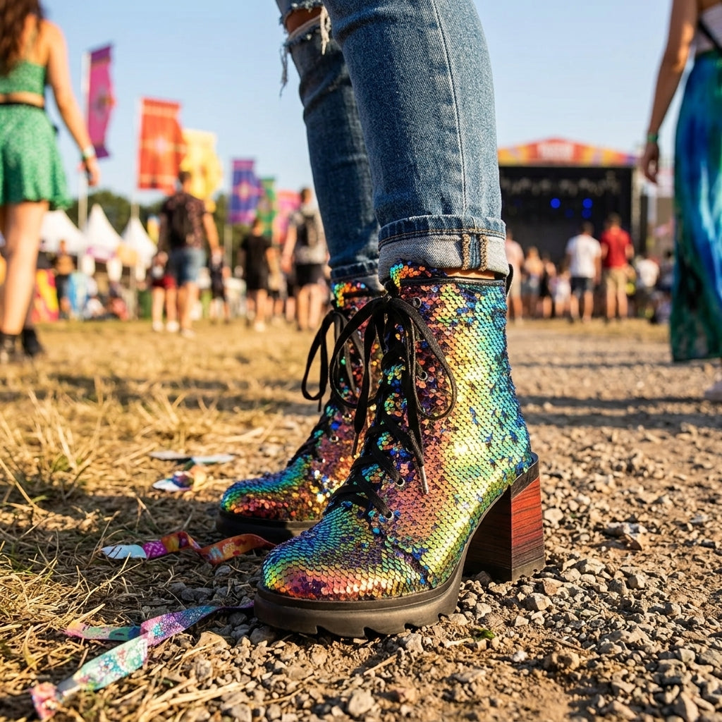 Sequin Heeled Combat Boots