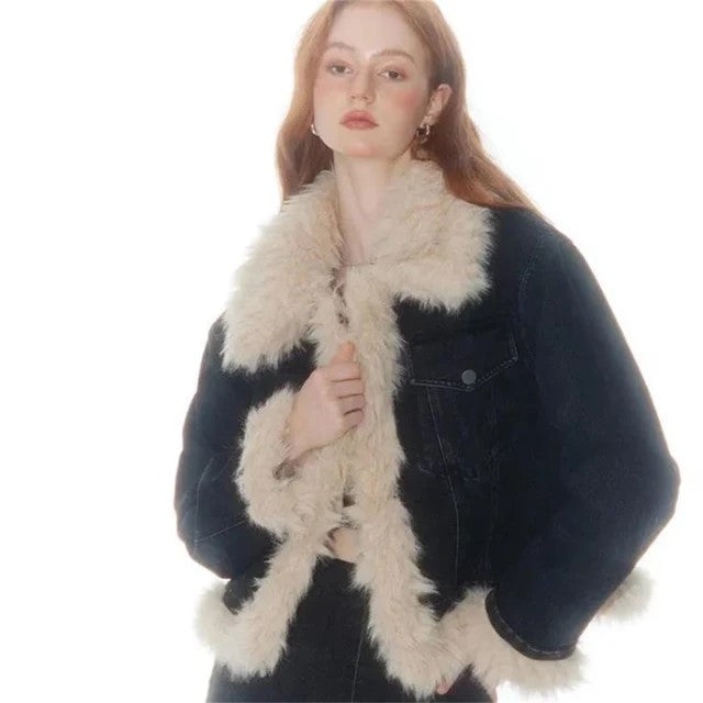 Black Denim Fur Trim Jacket - Festigal