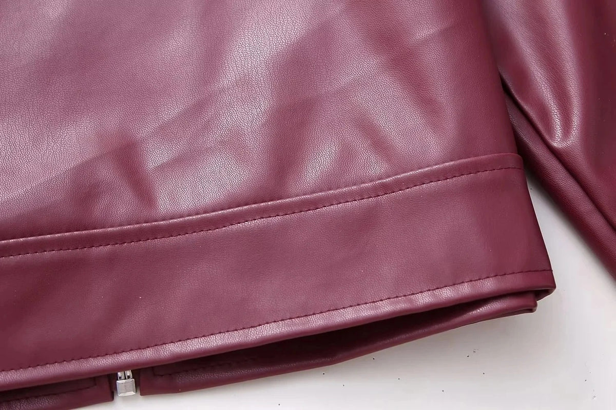 Burgundy Imitation Leather Loose Jacket - Festigal