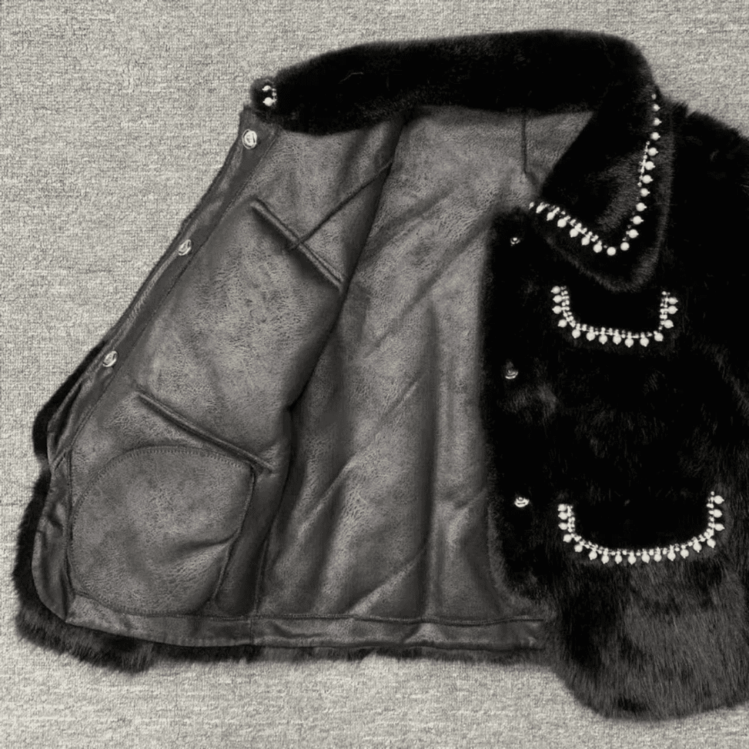 Black Faux Fur Pearl Embellished Jacket - Festigal