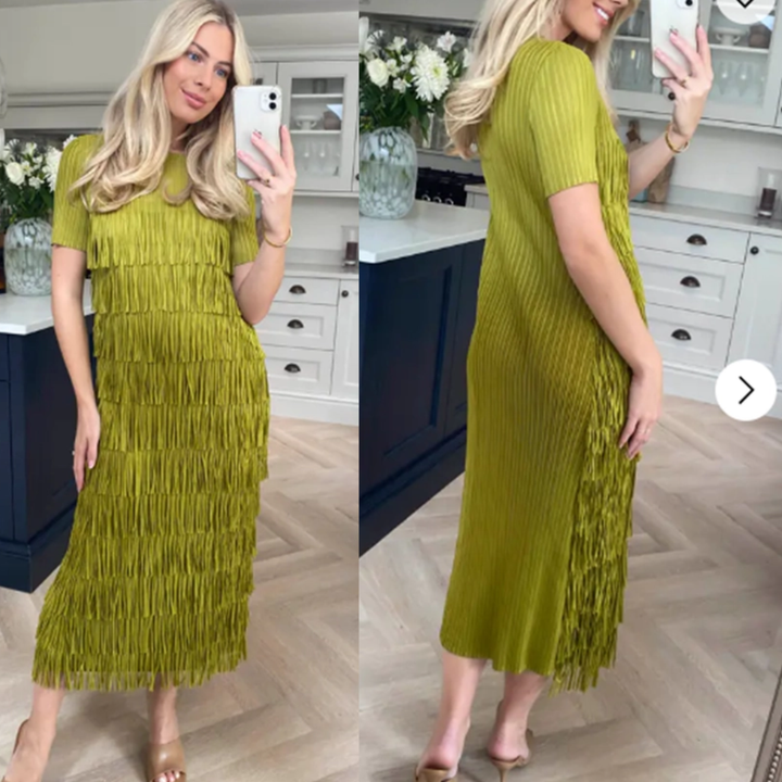 Multi Layer Fringed Tassel Pleated Midi Dress