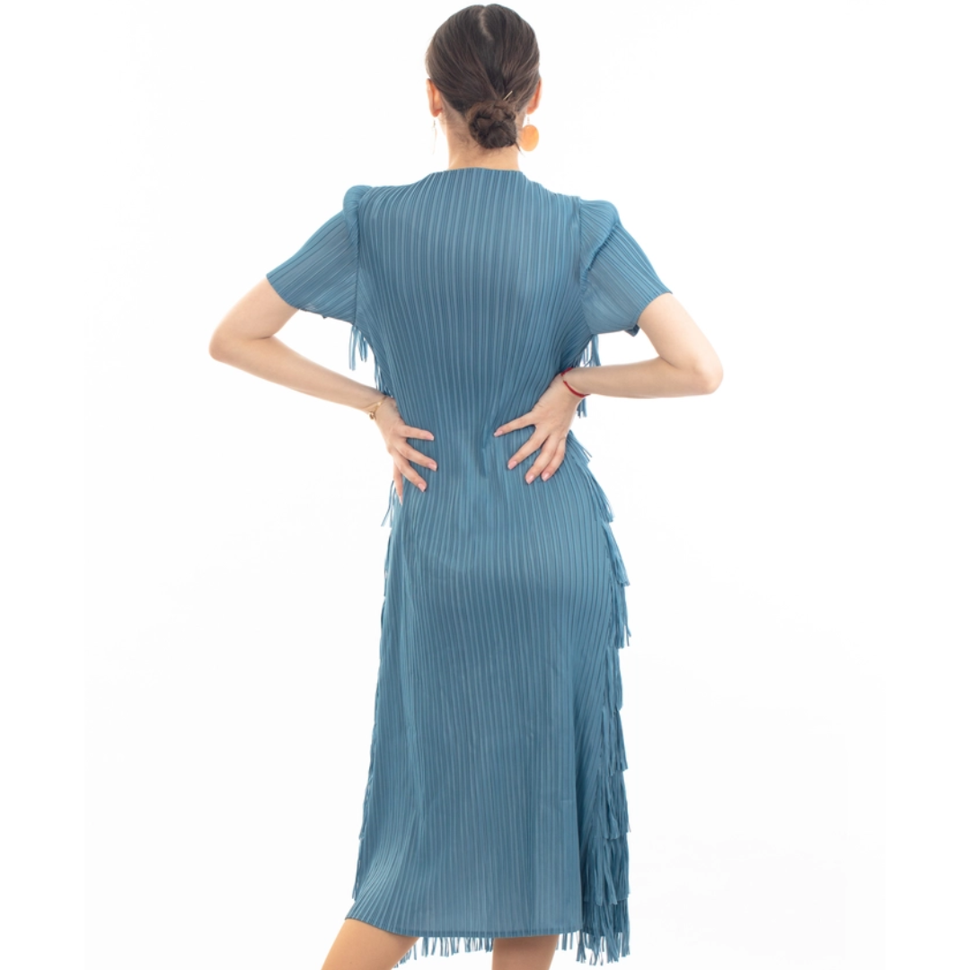 Multi Layer Fringed Tassel Pleated Midi Dress