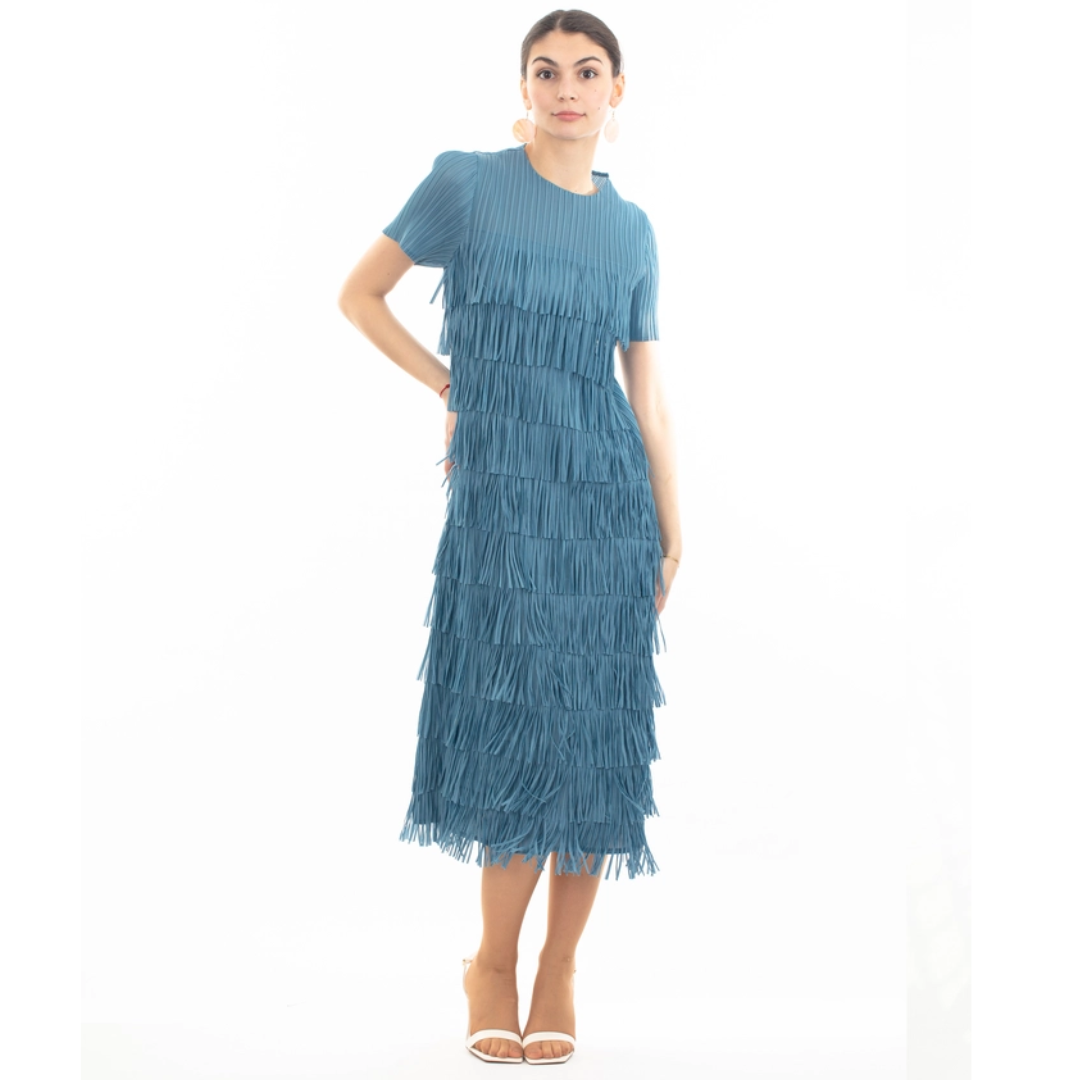 Multi Layer Fringed Tassel Pleated Midi Dress