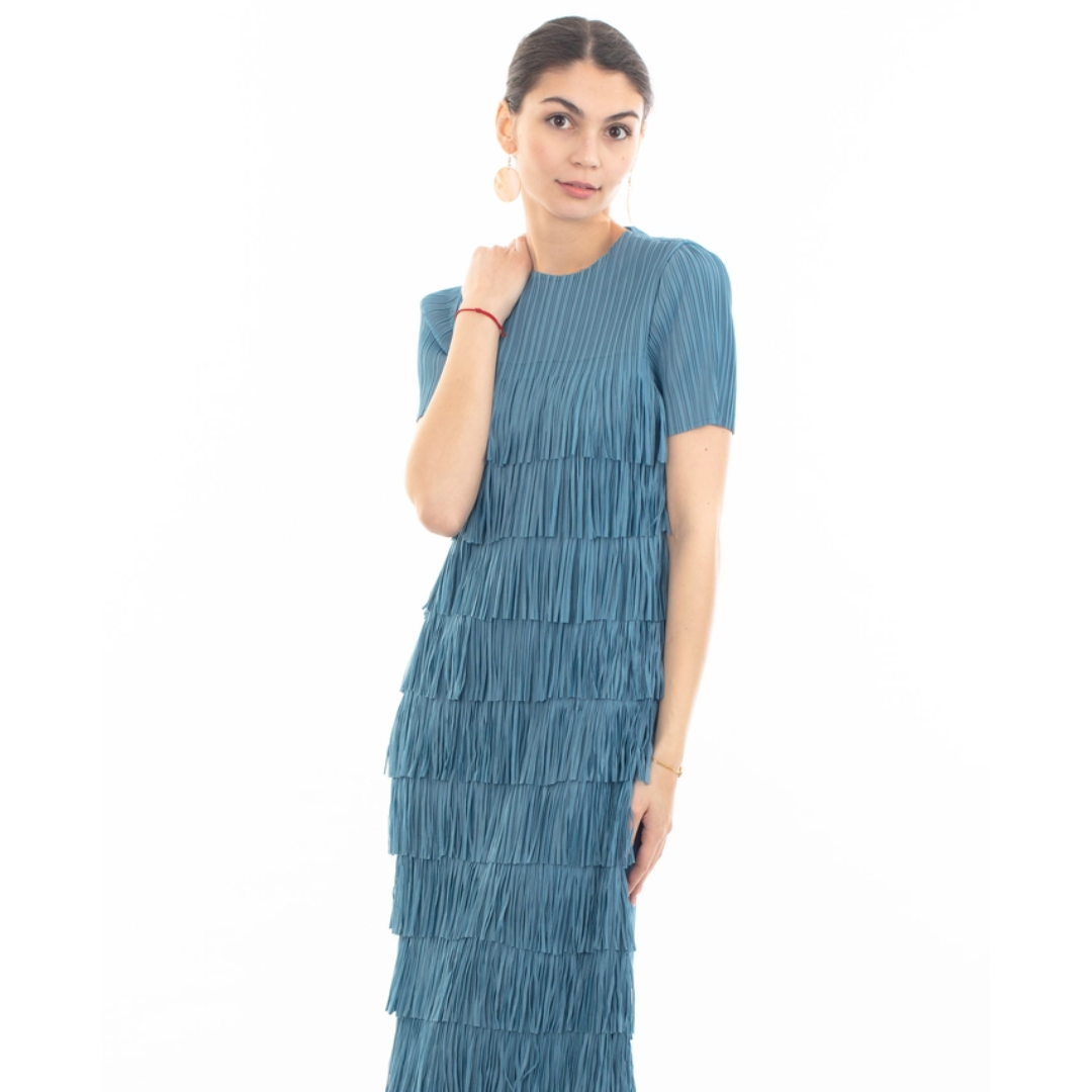 Multi Layer Fringed Tassel Pleated Midi Dress