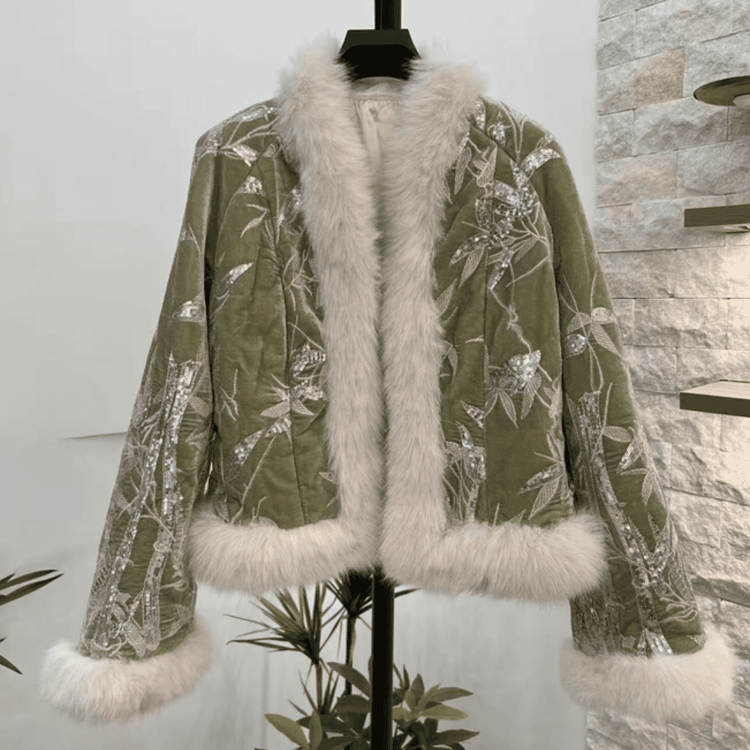 Velvet Embroidered Fur Trim Jacket