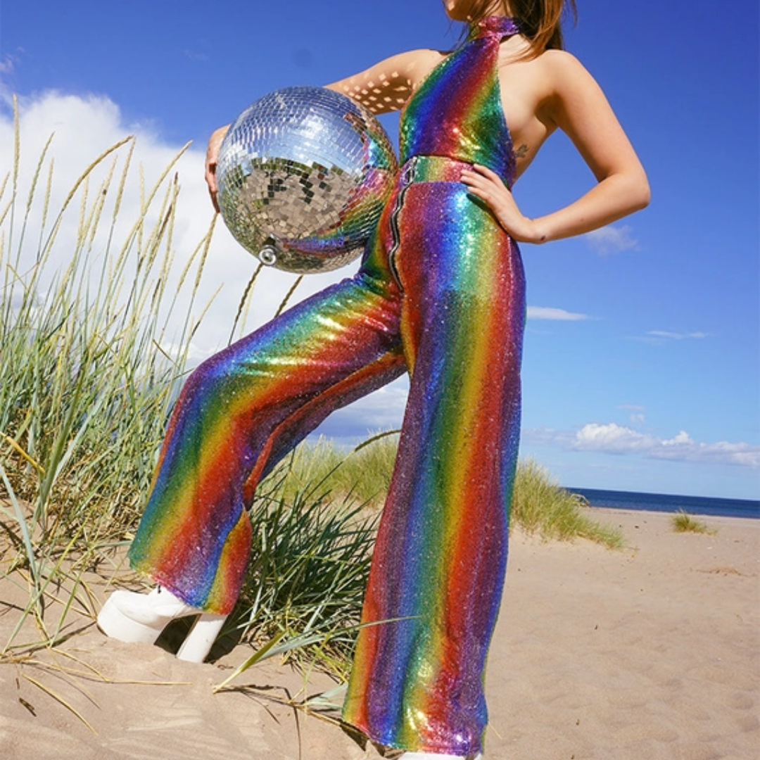 Neon Pastel Rainbow Sequin Flares & Top Set