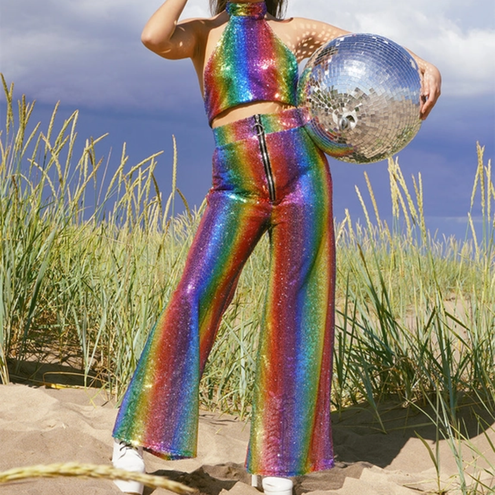 Neon Pastel Rainbow Sequin Flares & Top Set