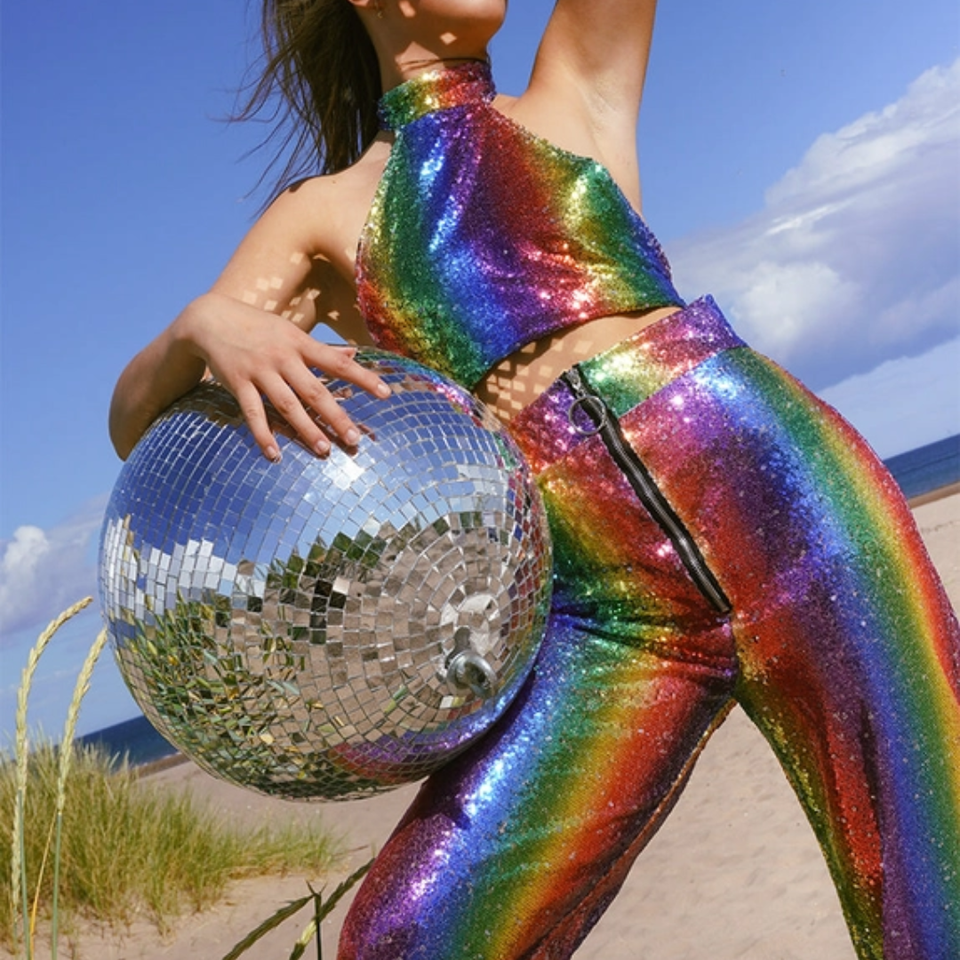 Neon Pastel Rainbow Sequin Flares & Top Set