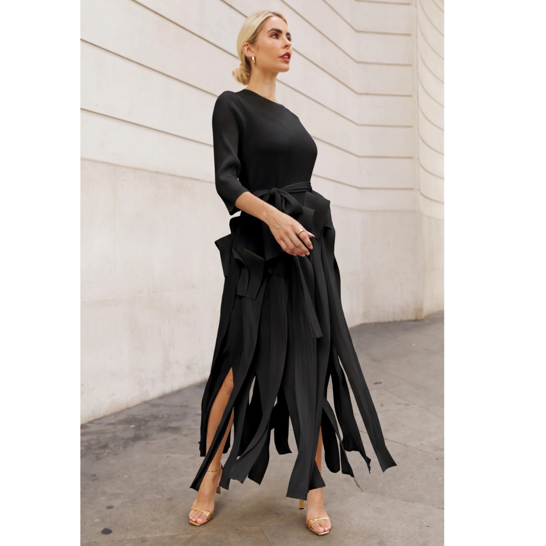 Tie Waist Pleated Fringe Maxi Dress