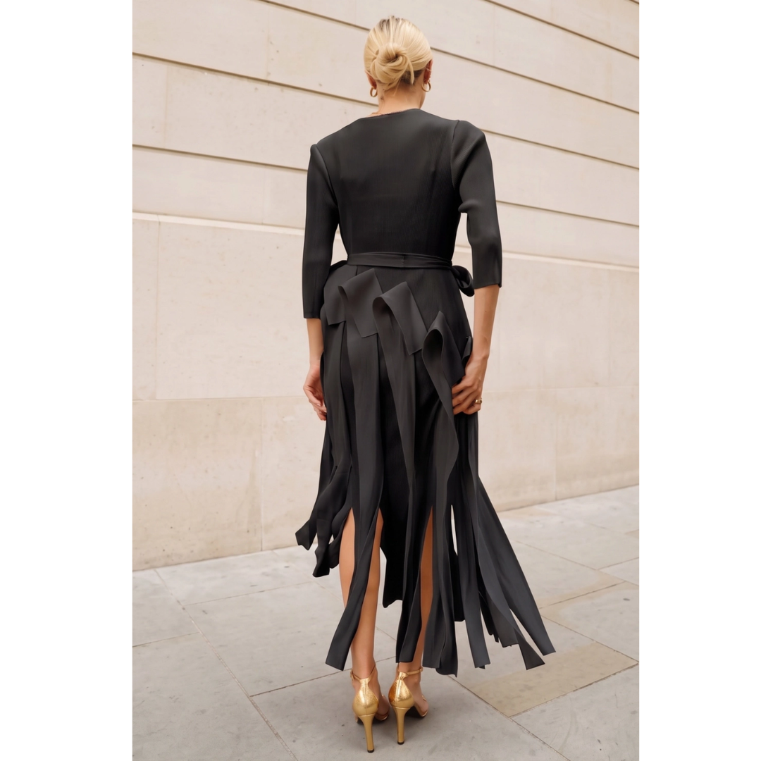 Tie Waist Pleated Fringe Maxi Dress