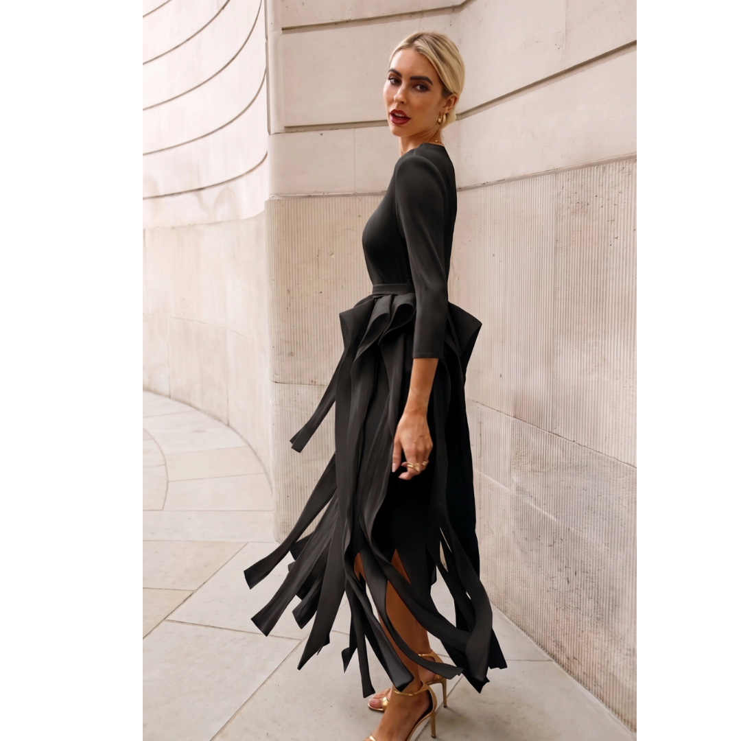 Tie Waist Pleated Fringe Maxi Dress