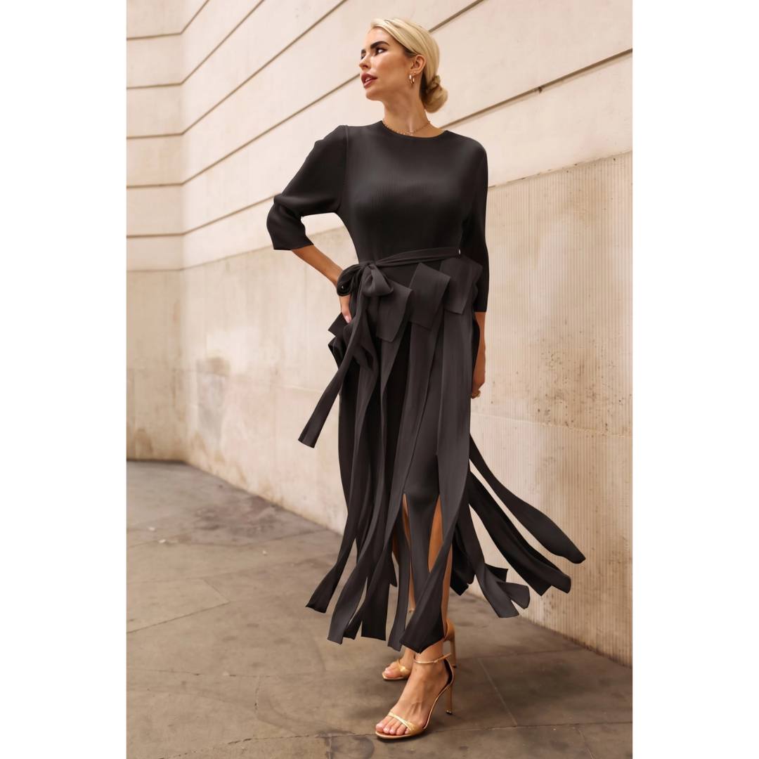 Tie Waist Pleated Fringe Maxi Dress