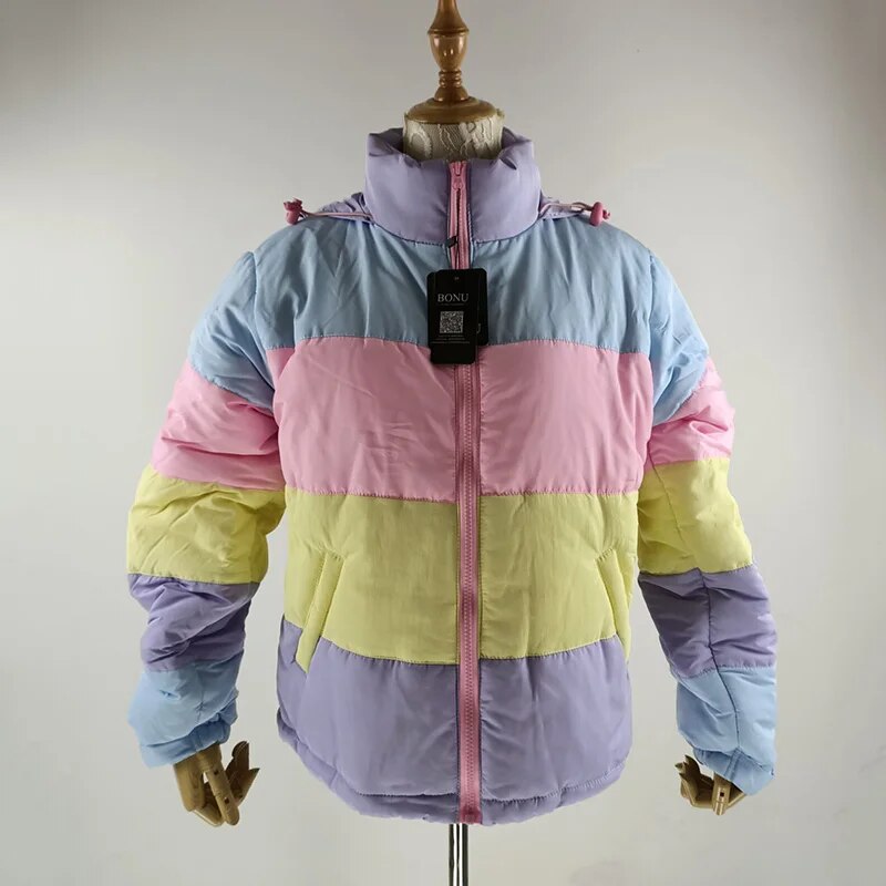 Pastel Rainbow Striped Puffer Jacket - Festigal