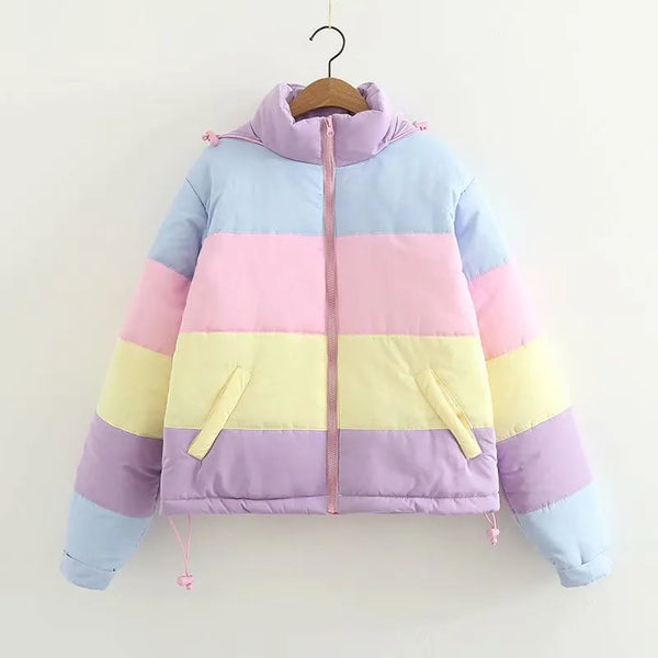 Pastel Rainbow Striped Puffer Jacket - Festigal
