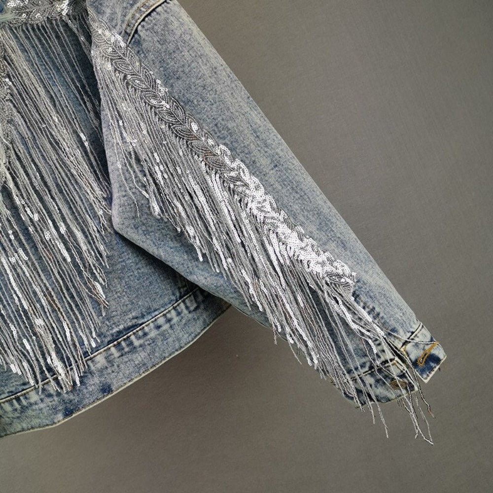 Sequined Fringed Short Style Denim Jacket - Festigal