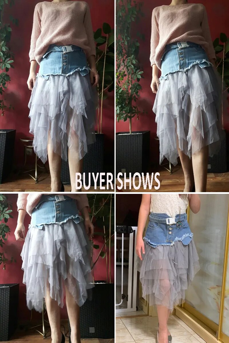 Asymmetrical Denim Jeans Tulle Skirt - Festigal