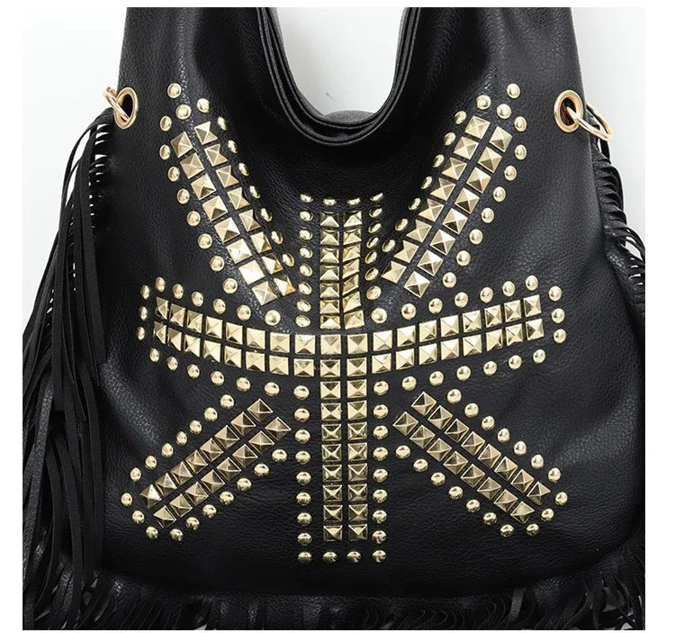 Black Studded Tassel Shoulder Bag - Festigal