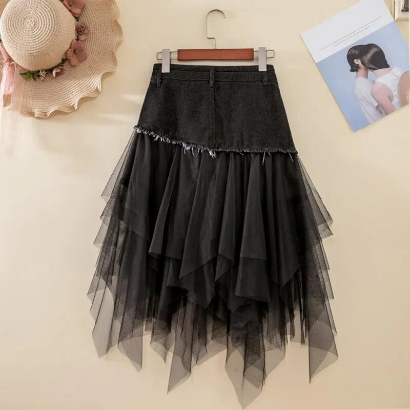 Asymmetrical Denim Jeans Tulle Skirt - Festigal