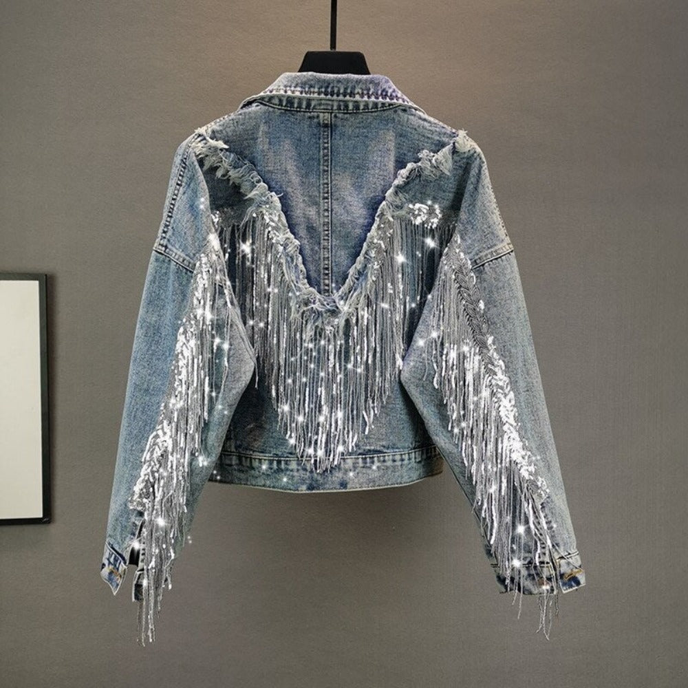 Sequined Fringed Short Style Denim Jacket - Festigal