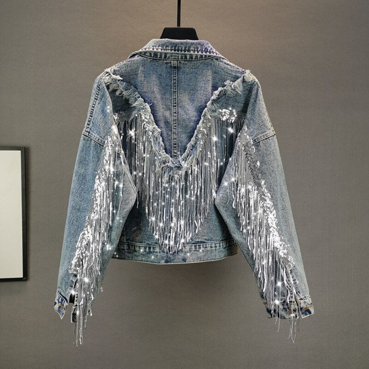 Sequined Fringed Short Style Denim Jacket - Festigal