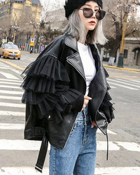 Faux Leather Ruffle Sleeve Jacket