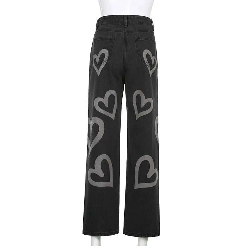 Vintage Heart Printed Wide Legged Jeans - Festigal