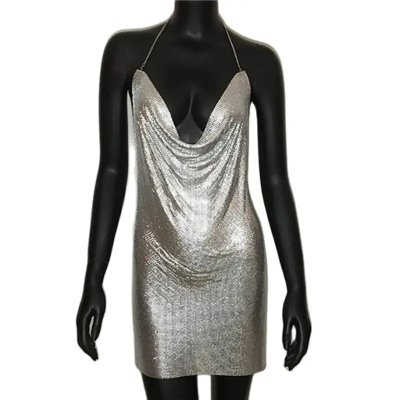 Metallic Backless Mini Dress Festigal Metallic Backless Mini Dress Festigal