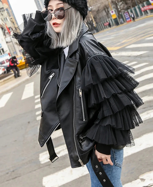 Faux Leather Ruffle Sleeve Jacket