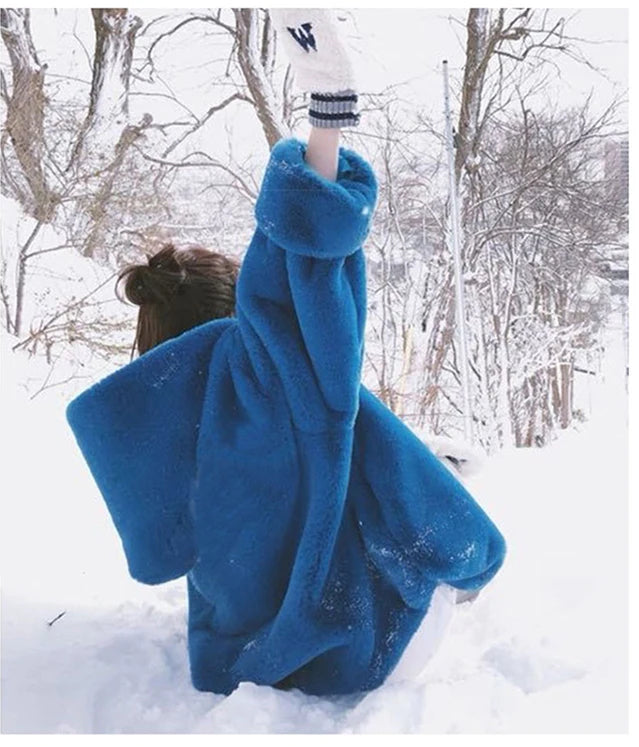 Oversized Blue Faux Fur Coat - Festigal