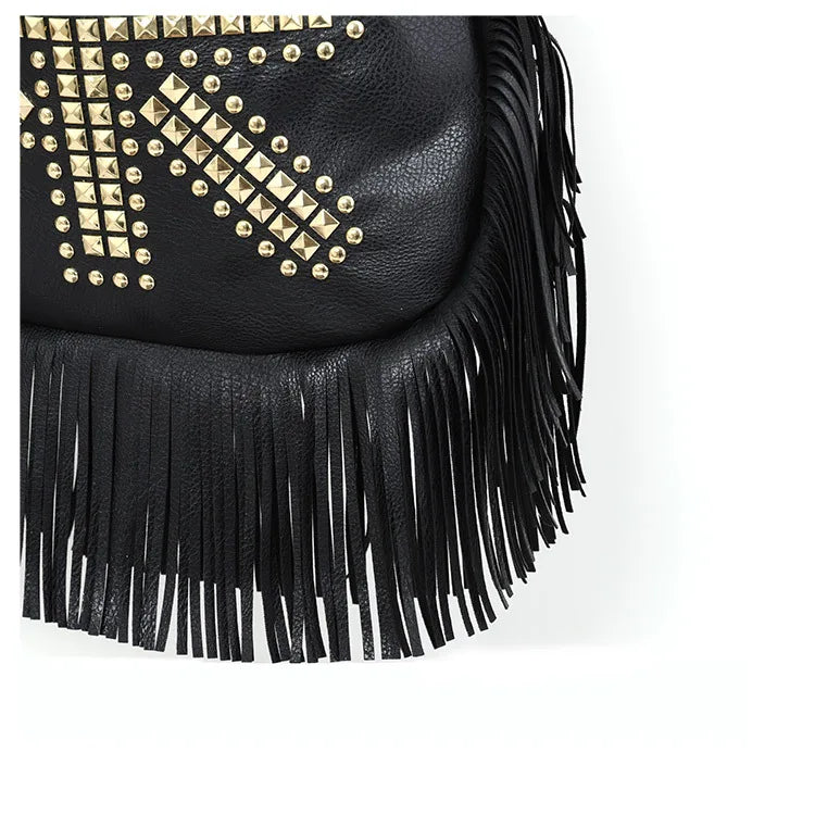 Black Studded Tassel Shoulder Bag - Festigal