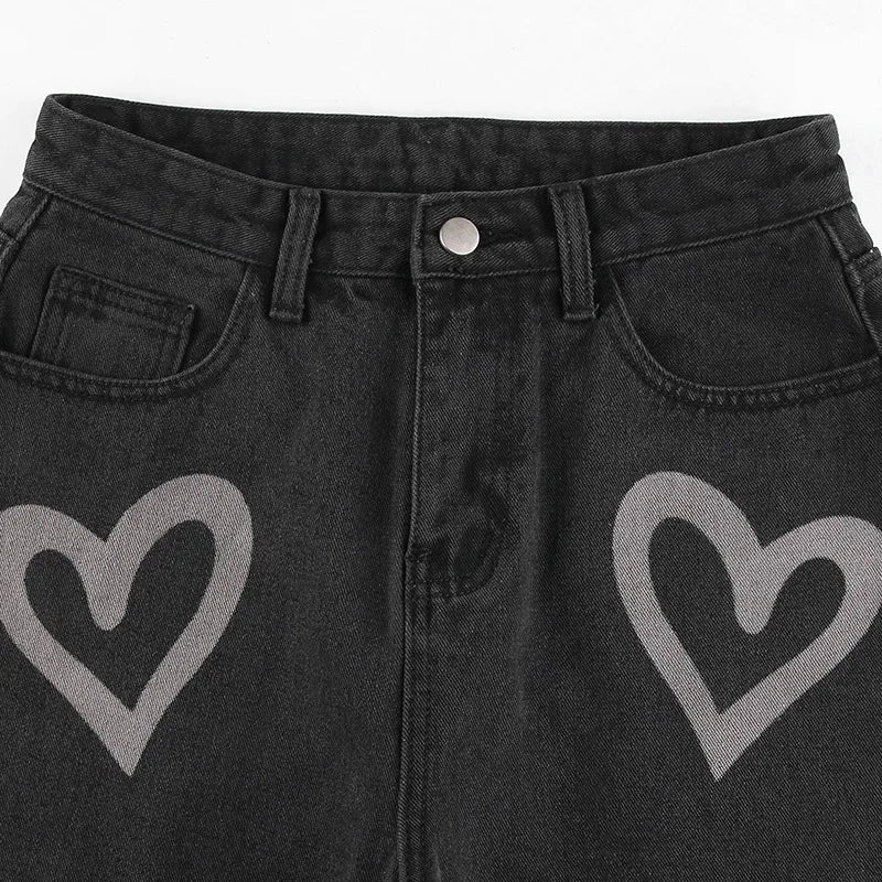 Vintage Heart Printed Wide Legged Jeans - Festigal